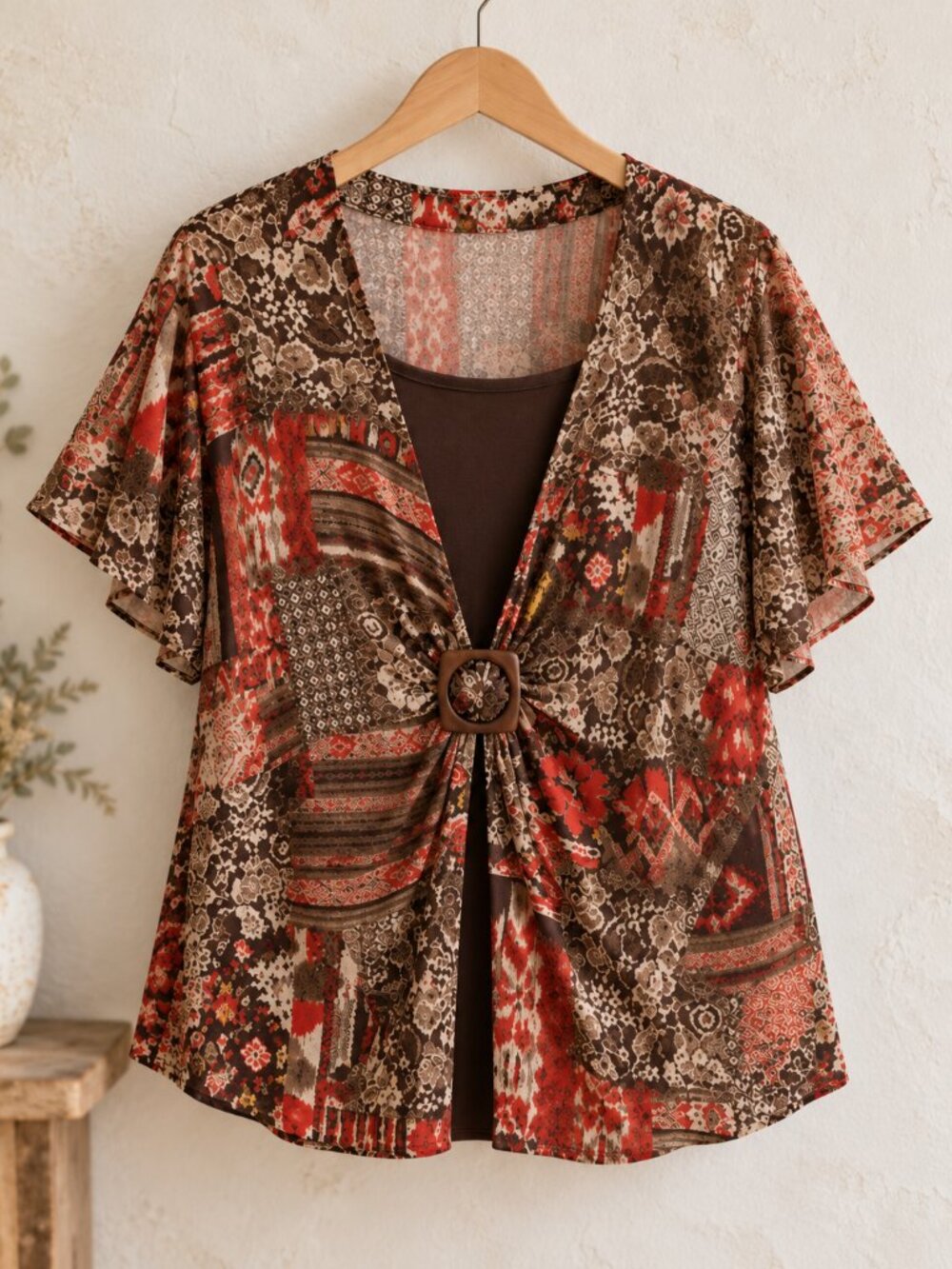 Tradition 2X Boho Patchwork Buckle Top Brown Red Made in Canada